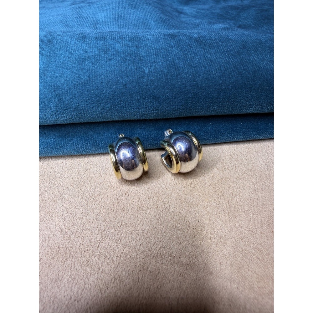 Vintage 925 Sterling Silver Two Tone Gold Accent Chunky Huggie Hoop Earrings